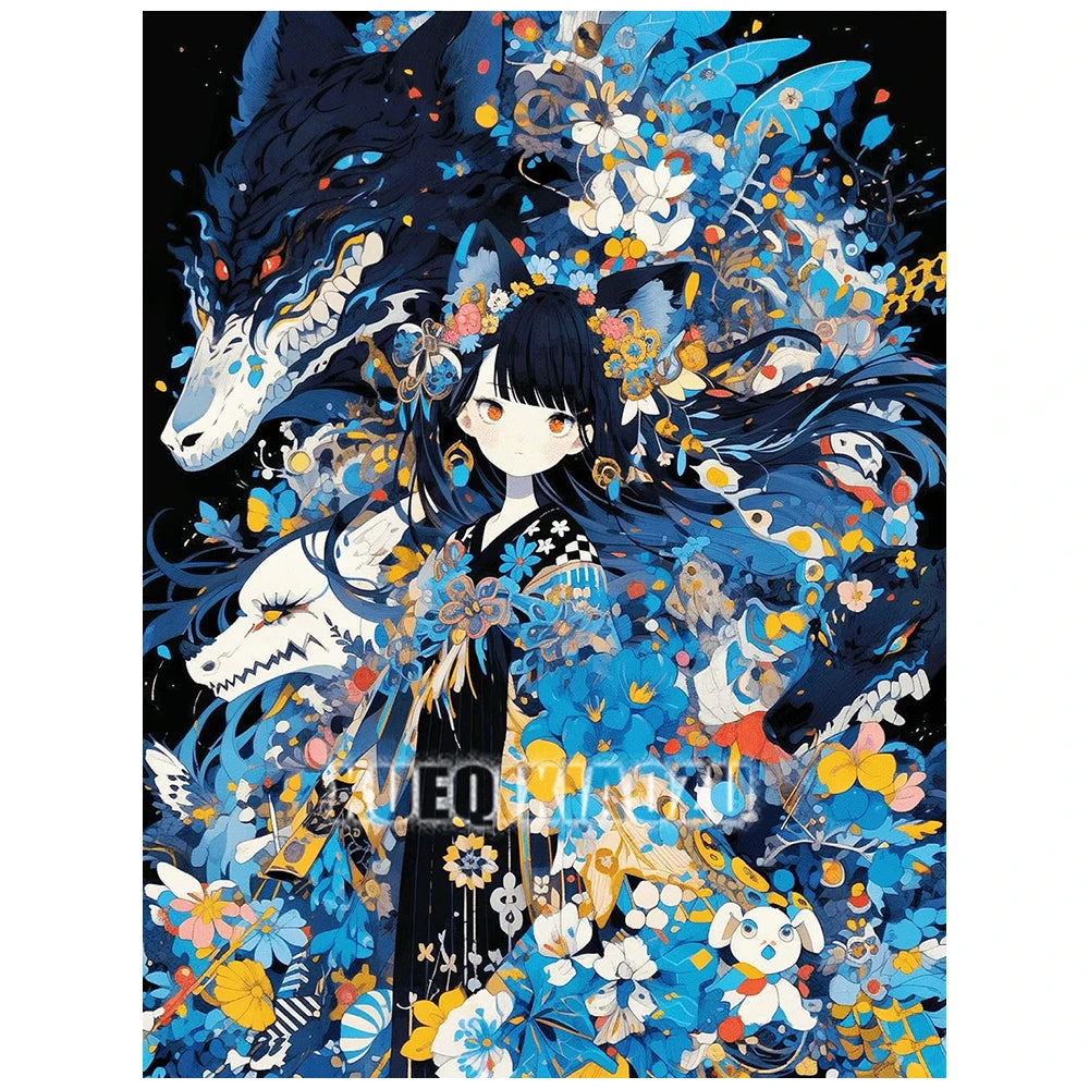 A diamond painting featuring a dark-haired girl with blue hair surrounded by vibrant floral and aquatic elements.