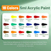 A palette of 18 colors of 5ml acrylic paint including Titanium White, Lemon Yellow, Vermilion Red, and various shades of gree