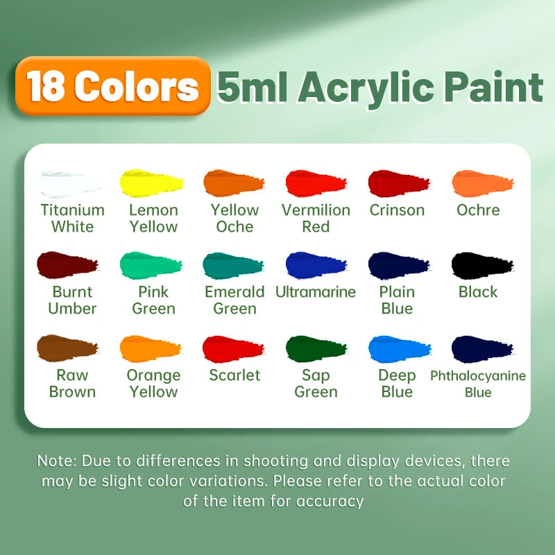 A palette of 18 colors of 5ml acrylic paint including Titanium White, Lemon Yellow, Vermilion Red, and various shades of gree