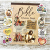 A brown sticker book featuring inspiring Christian verses and illustrations for journaling and decor