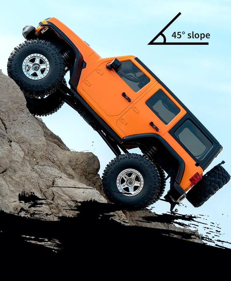 Orange 1:18 scale RC Jeep climbing a rocky slope at a 45-degree angle