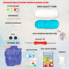 A collection of craft supplies including a stitch holder, yarn needle, adhesive granules, eyes, packing bag, crochet kit, bas