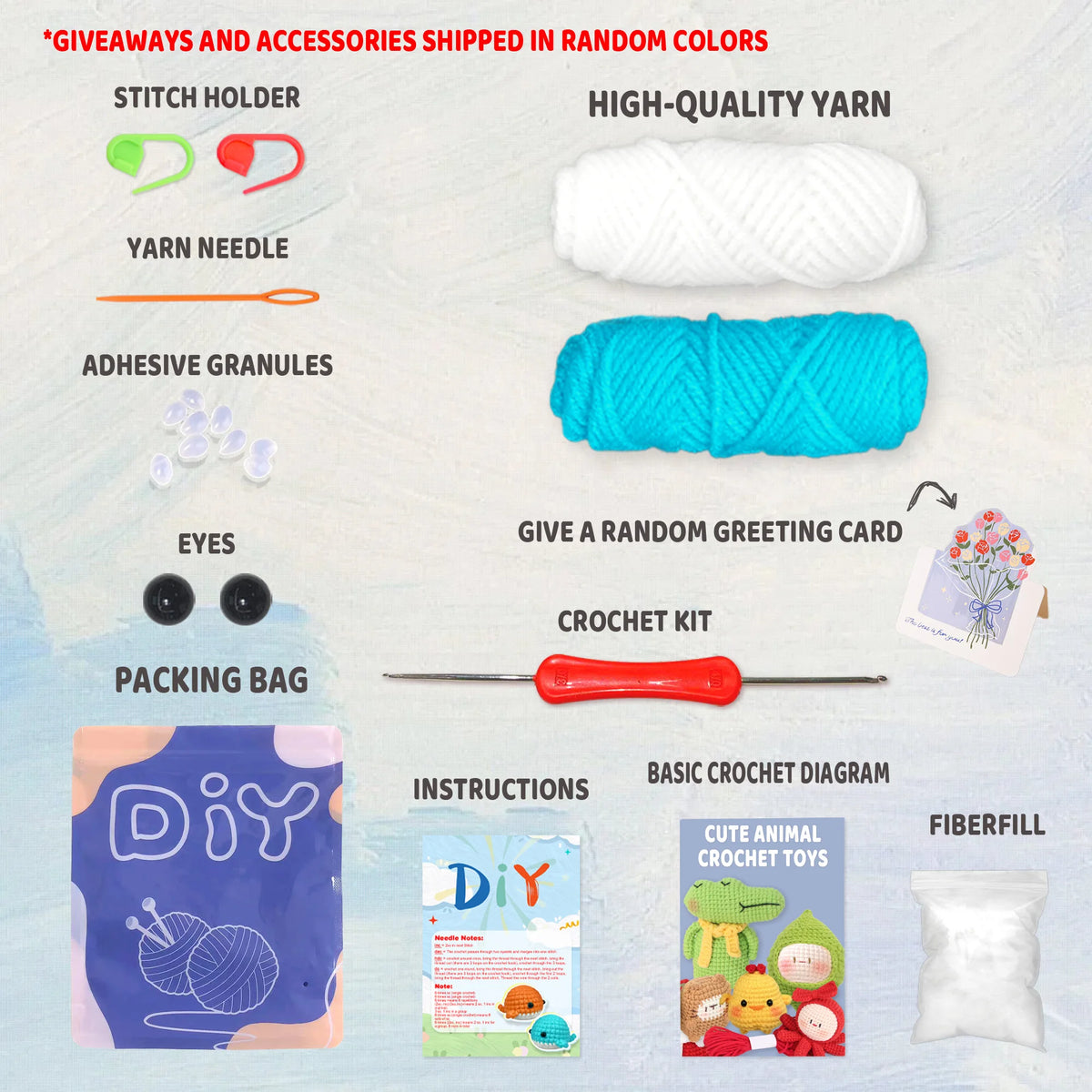 A collection of craft supplies including a stitch holder, yarn needle, adhesive granules, eyes, packing bag, crochet kit, bas