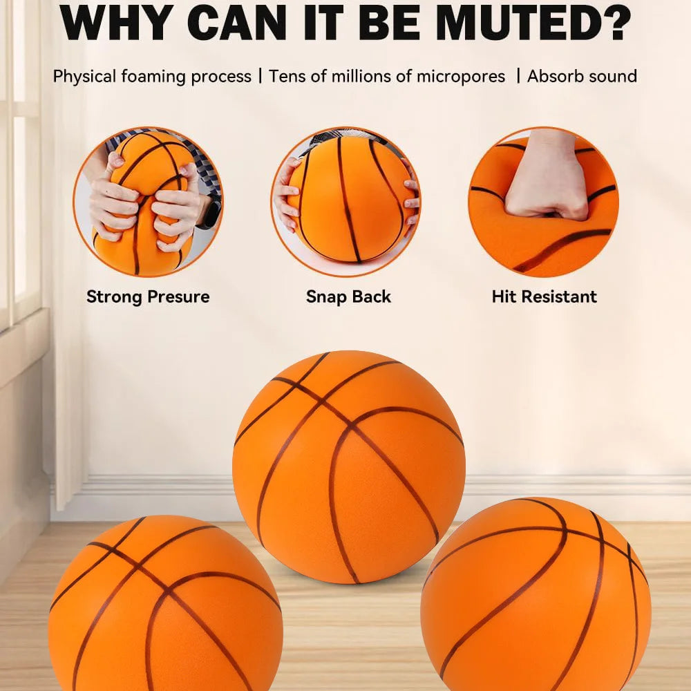 Orange foam basketball with black lines shown next to text explaining why it can be muted