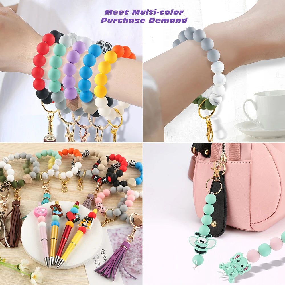 Assortment of multi-color silicone beads and jewelry findings for DIY crafting projects