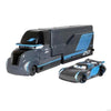 A diecast toy hauler truck in dark gray and blue colors.