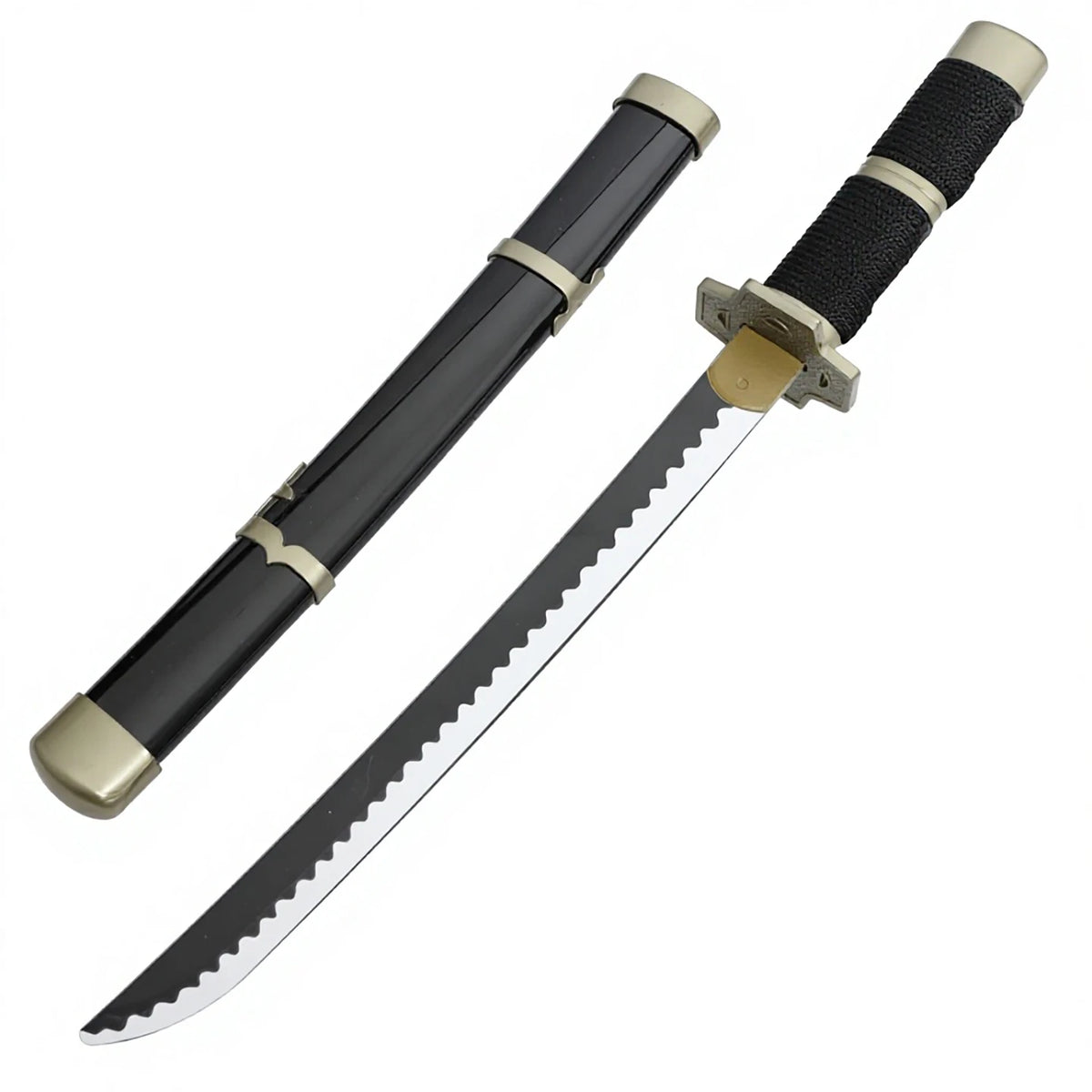 A replica Roronoa Zoro Enma Katana cosplay sword with a black grip and silver blade.