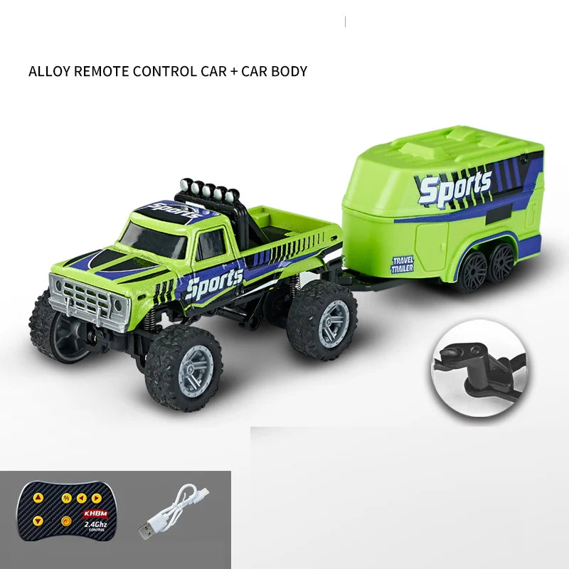 A lime green remote control off-road car with a black body and accessories, shown next to its controller.