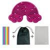 A pink double-sided silicone sensory activity board with 12 strings, a black drawstring bag, and a white plastic bag.