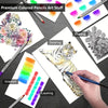 A hand is painting a tiger drawing on white paper, surrounded by various colored pencils and art supplies.