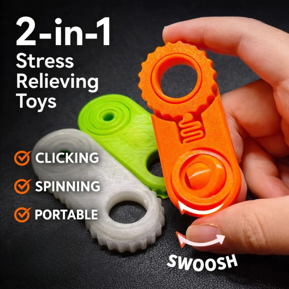 Orange and green 2-in-1 stress relieving toys are shown being held by a hand.