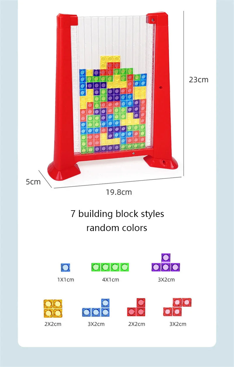 A red building block puzzle set featuring various colored and sized blocks for creative construction.