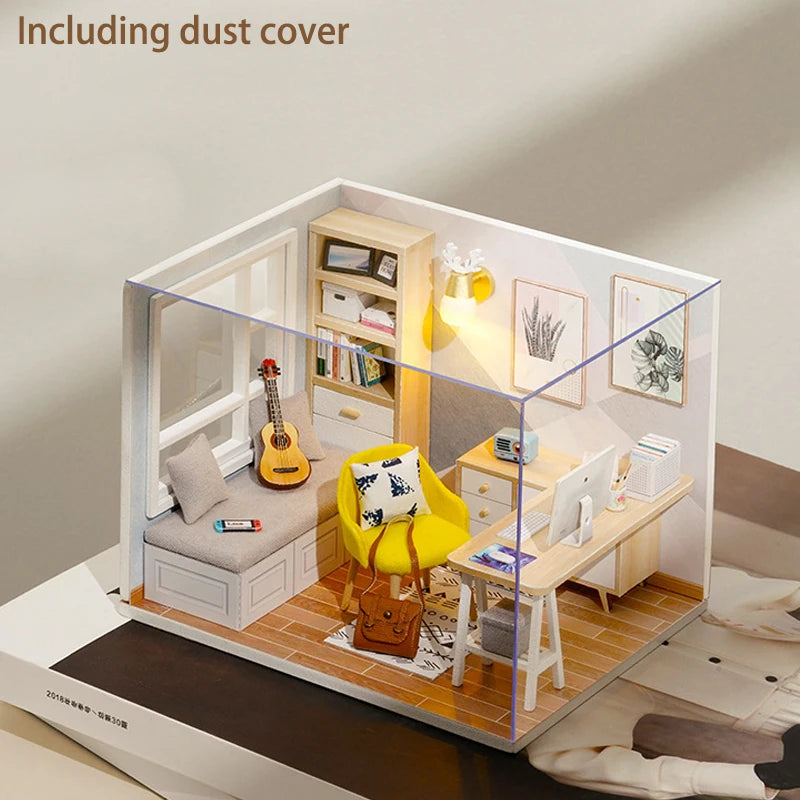 A wooden miniature dollhouse kit featuring a white frame, yellow accents, and interior furniture.