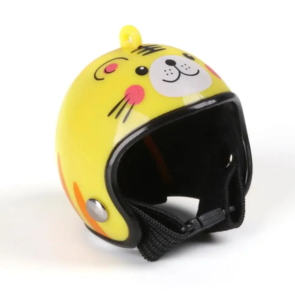 Yellow protective headgear shaped like a cartoon chick face for poultry.