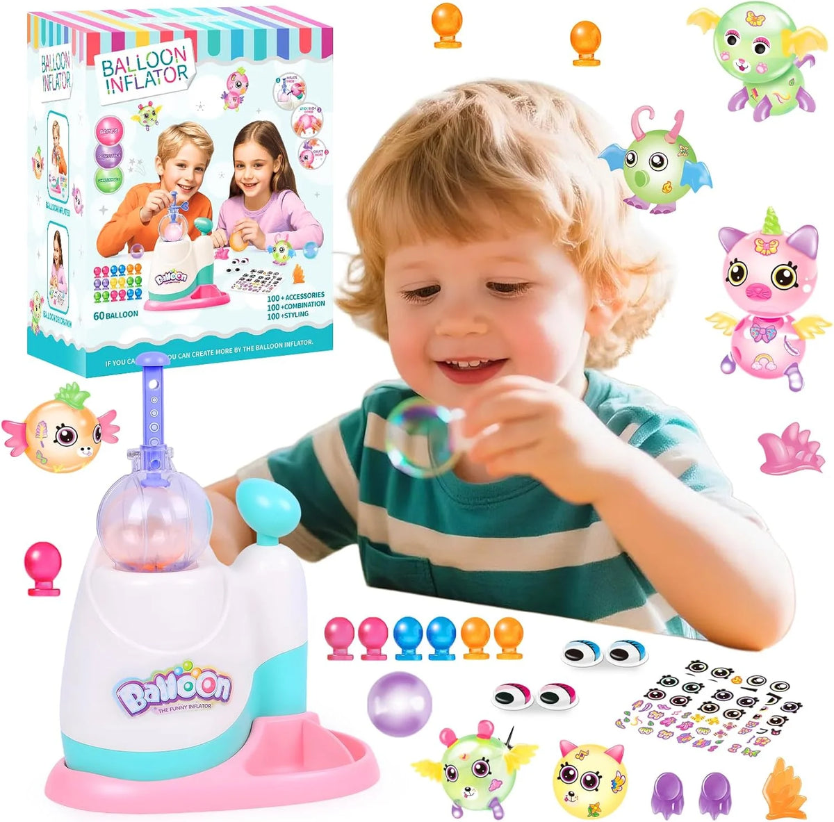 A young child is using a DIY balloon animal craft kit with a pump, stickers, and decorations to make balloons.