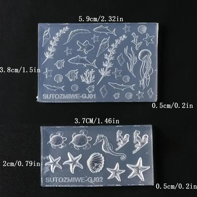 A set of silicone molds featuring various sea creatures and natural elements for crafting and baking.