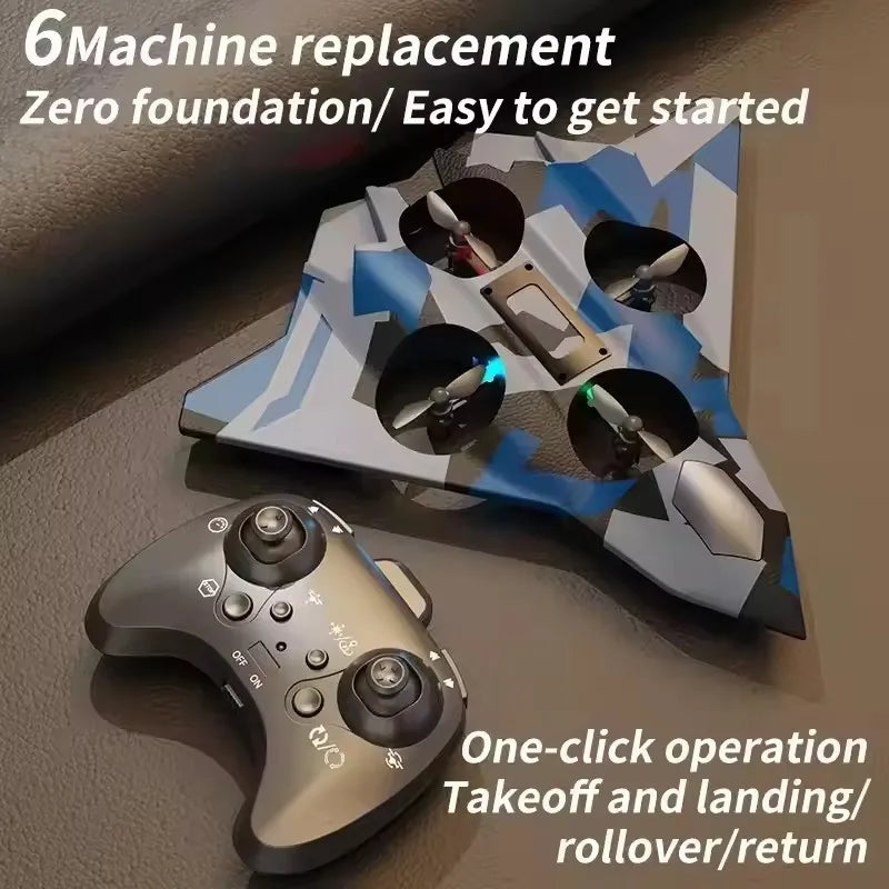 A gray remote control glider is shown next to its replacement machine parts, highlighting easy setup and operation.