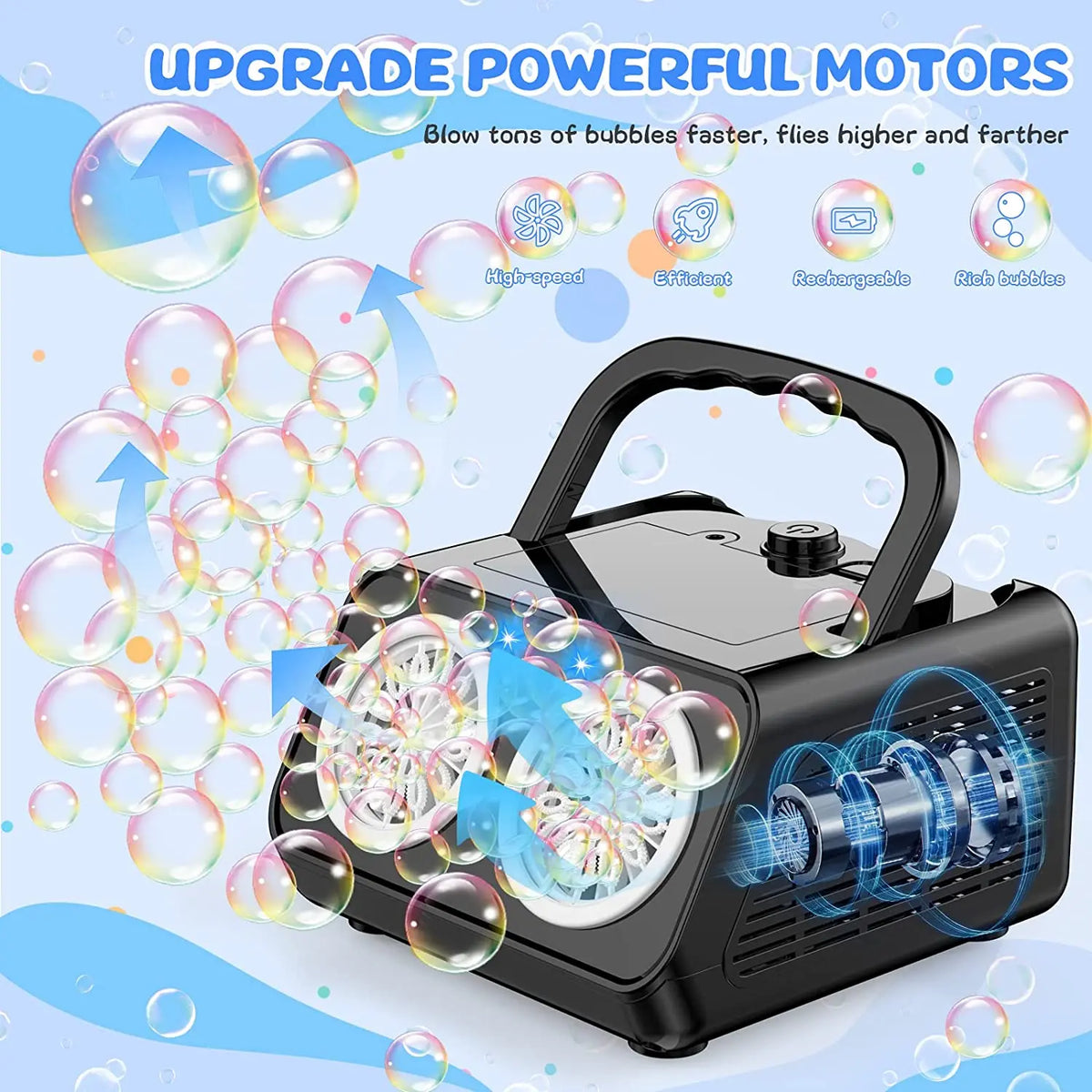 A black automatic bubble machine with dual fans and LED lights is shown surrounded by many bubbles.