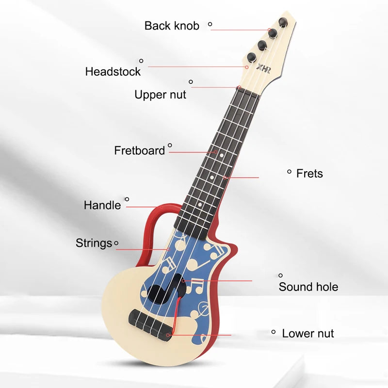 A light-colored ukulele toy showing its parts including the headstock, fretboard, strings, sound hole, and nuts.