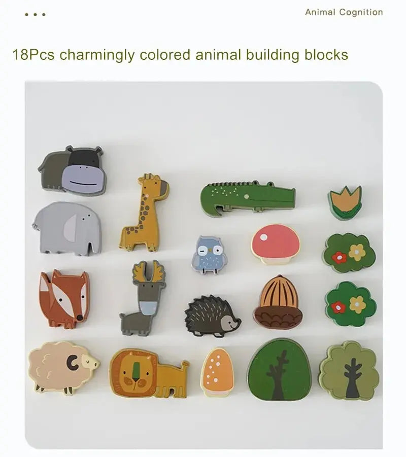 A collection of 18 pieces of charmingly colored animal building blocks, including a elephant, giraffe, fox, and various other