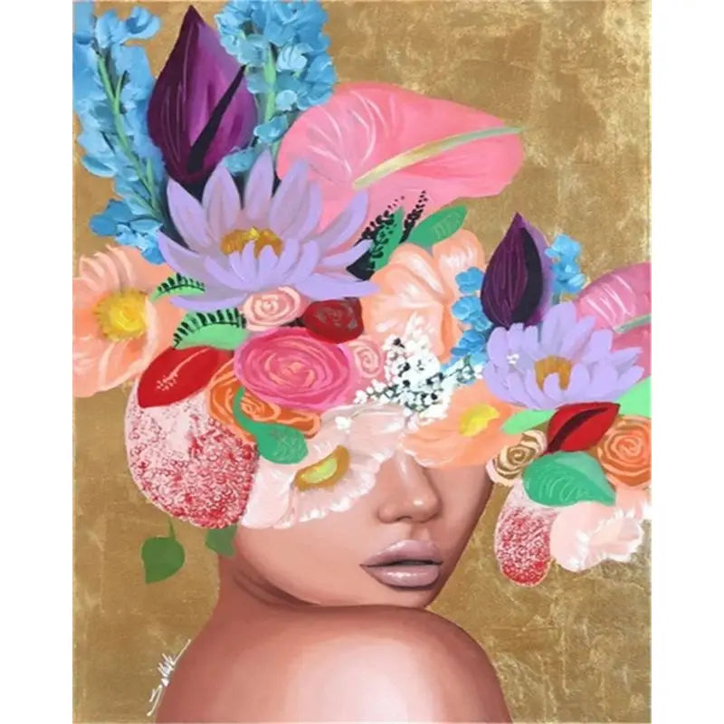 A painting of a woman's face adorned with vibrant pink, purple, and blue flowers against a gold background.