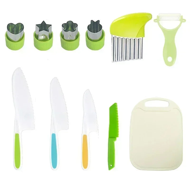 A set of colorful plastic knives and kitchen tools for kids including a yellow peeler, green knives, and a white cutting boar