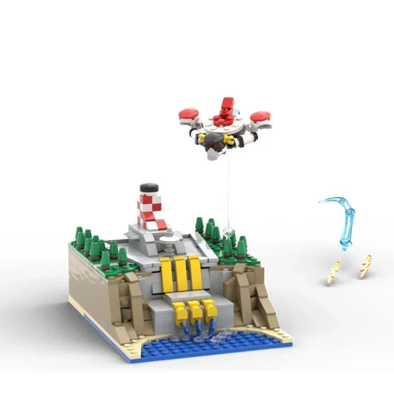 A 490-piece construction kit of a UFO robot and surrounding terrain built from LEGO-style building blocks.
