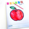 A watercolor painting of a red apple on a white page with color swatches and the word apple.