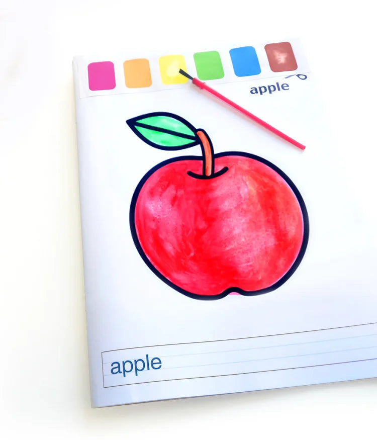 A watercolor painting of a red apple on a white page with color swatches and the word apple.