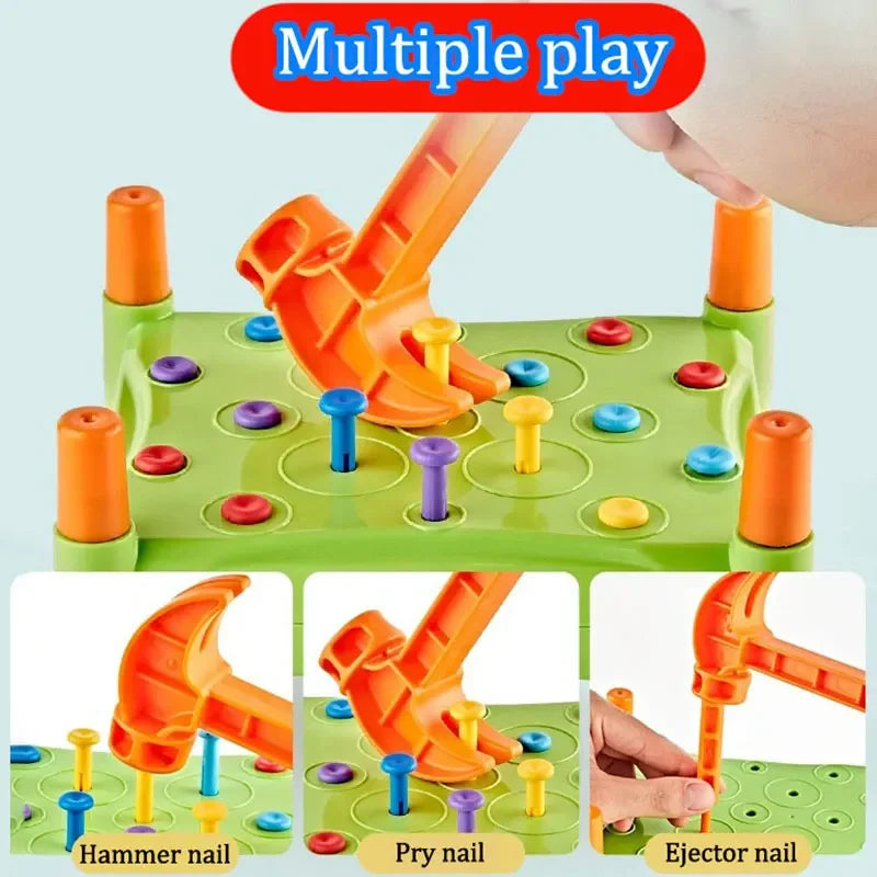 A set of orange and green toddler hammer nails and pry nails for fine motor skill development.