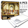 Box of a 1000-piece jigsaw puzzle featuring a classical painting with adhesive paper sheets.