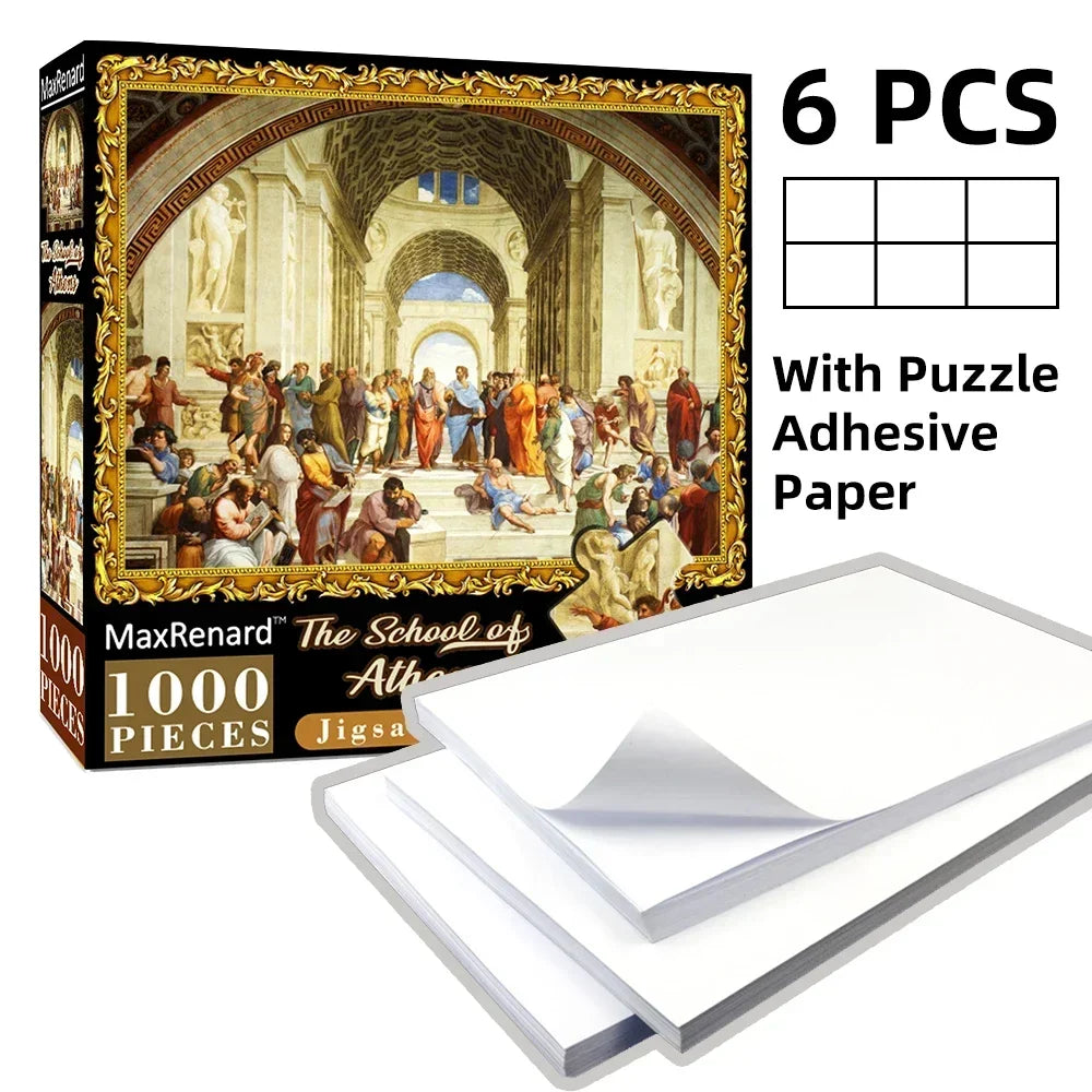 Box of a 1000-piece jigsaw puzzle featuring a classical painting with adhesive paper sheets.