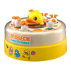 A yellow duck toy is featured on a round game board with other duck figures for a reflex training activity.