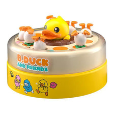 A yellow duck toy is featured on a round game board with other duck figures for a reflex training activity.