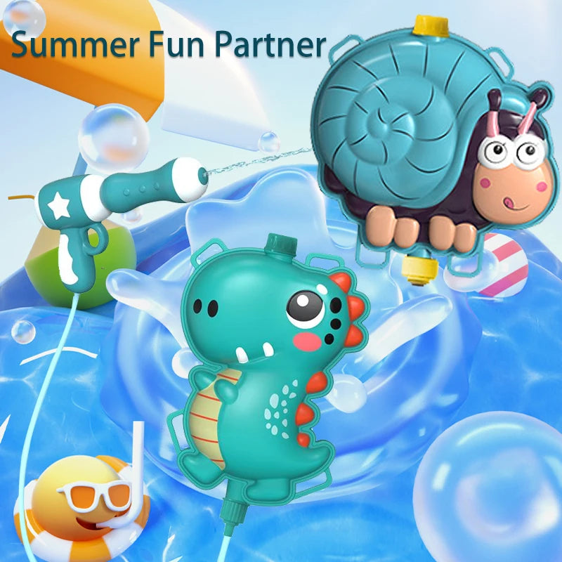 A summer fun toy featuring an animal backpack water gun and a green dinosaur toy in blue water.