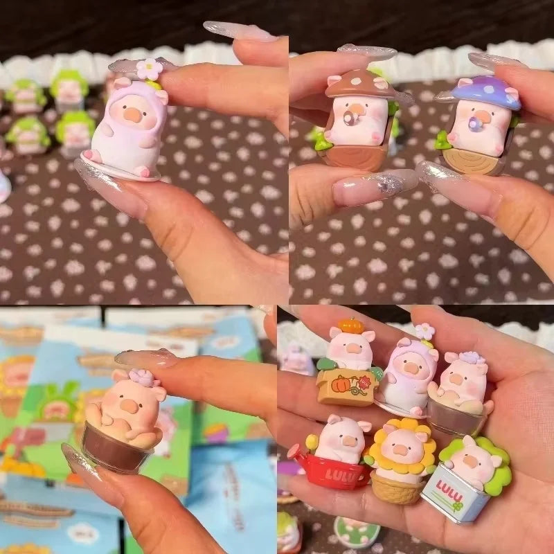 A collection of Lulu the Piggy Garden Series blind box figurines in various colors and packaging.