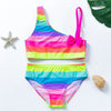 A pink and rainbow striped two-piece swimsuit set for girls, featuring a top and matching bottoms.