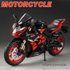 A black and red 1:12 scale diecast motorcycle model with lights and suspension.