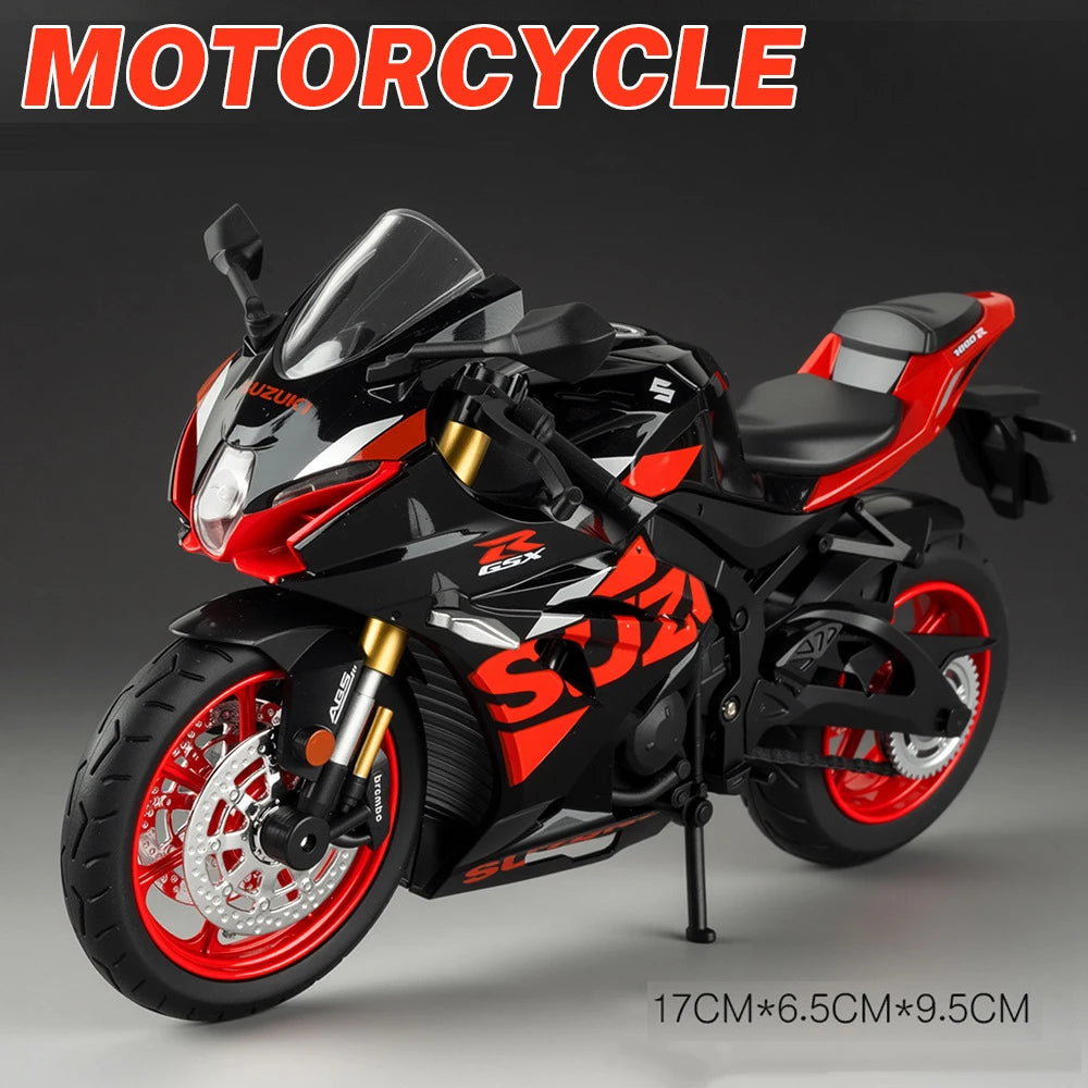 A black and red 1:12 scale diecast motorcycle model with lights and suspension.