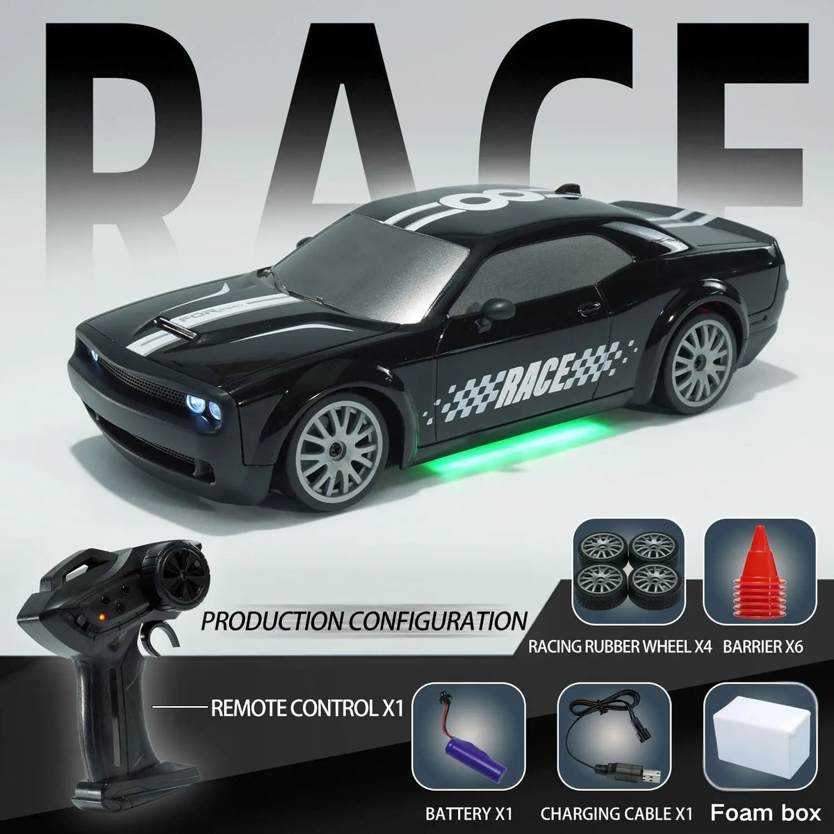 A black high-speed 4WD drift RC racing car with a silver hood and green lights, shown alongside its components.