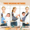 Three wearing methods shown for an adjustable baby sling carrier: hug diagonally, hug horizontally, and sitting astride.
