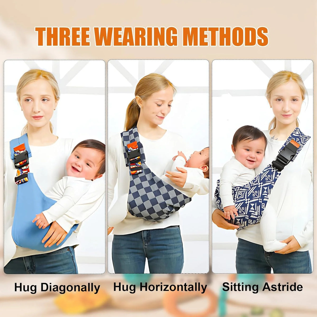 Three wearing methods shown for an adjustable baby sling carrier: hug diagonally, hug horizontally, and sitting astride.