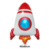 A red and white foil balloon shaped like a rocket with a blue eye design for birthday party decor
