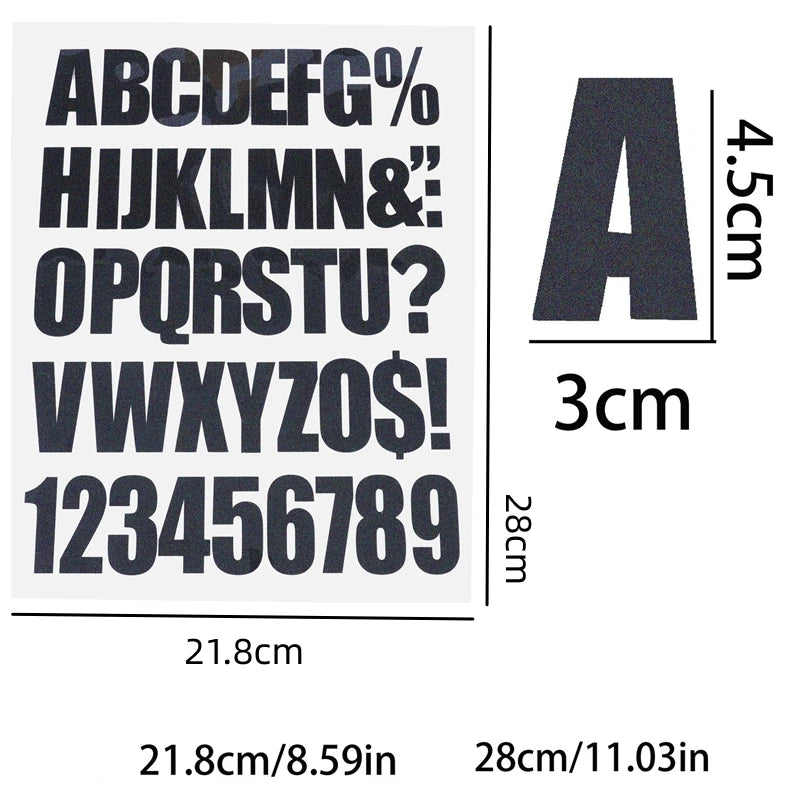 A sheet of DIY iron-on heat transfer patches showing the alphabet and numbers in black ink with corresponding measurements.