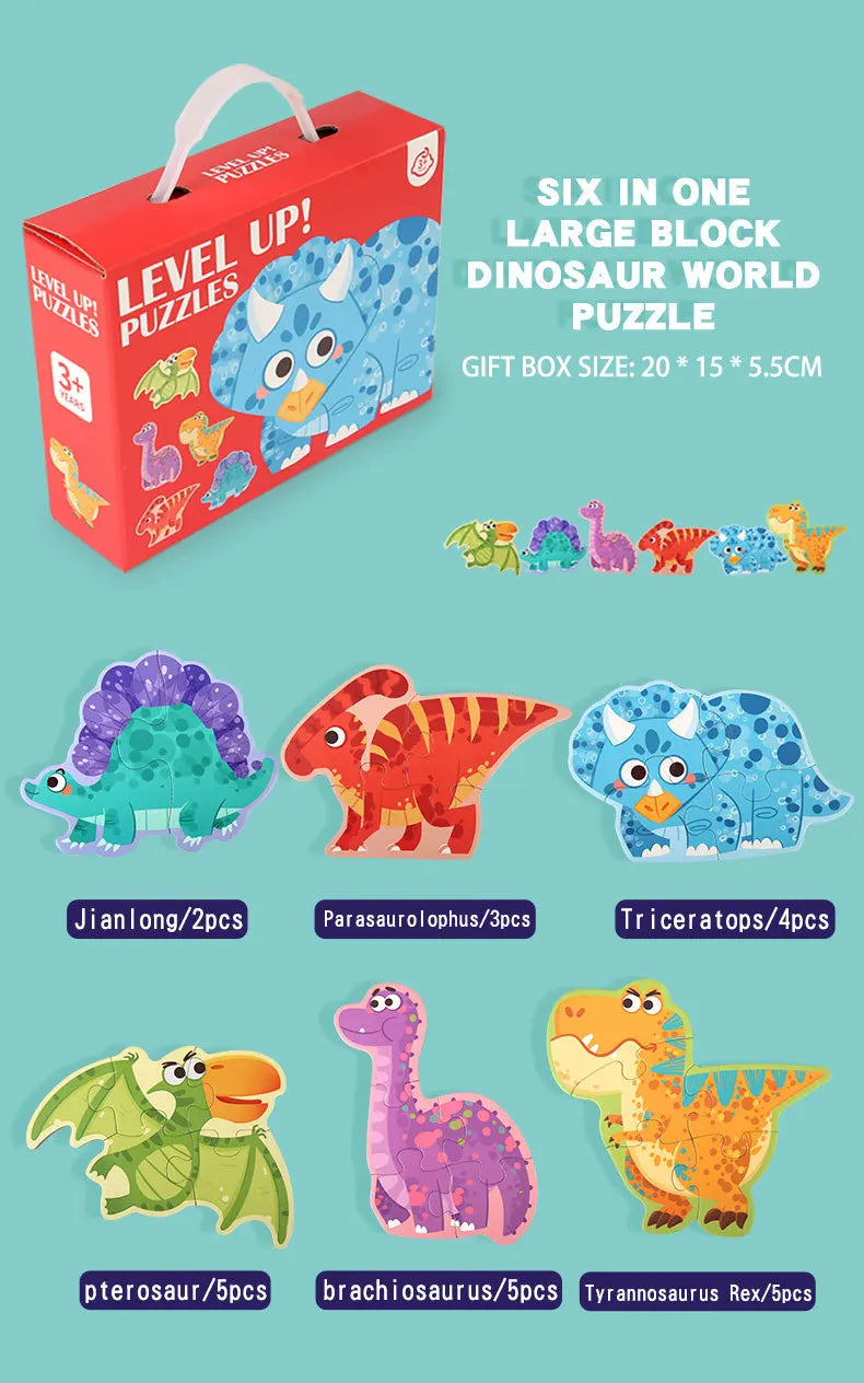 A set of six large block dinosaur puzzles in a gift box featuring various dinosaur figures like a Triceratops and Tyrannosaur