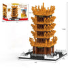 A detailed model kit of the Yellow Crane Tower built from interlocking plastic blocks.
