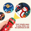 A red Christmas projection flashlight is shown next to various colorful projections on a dark background.