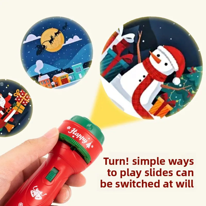 A red Christmas projection flashlight is shown next to various colorful projections on a dark background.