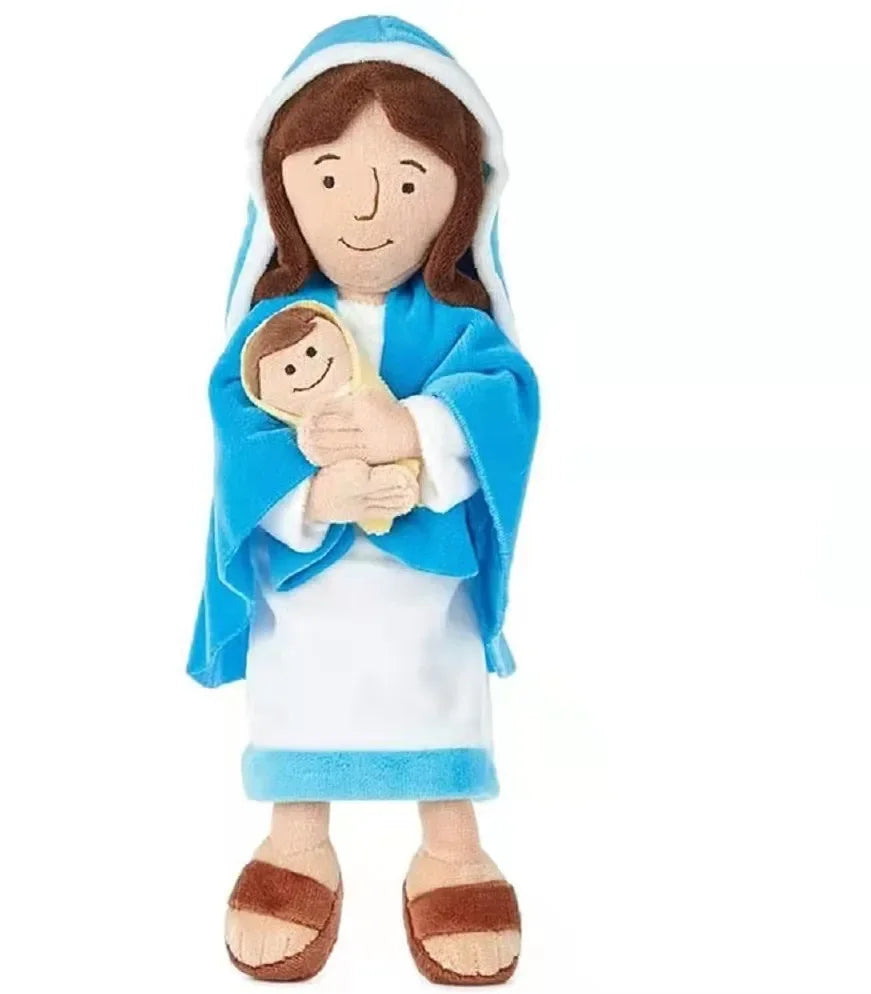 A plush doll set depicting Jesus and the Virgin Mary wearing blue and white robes