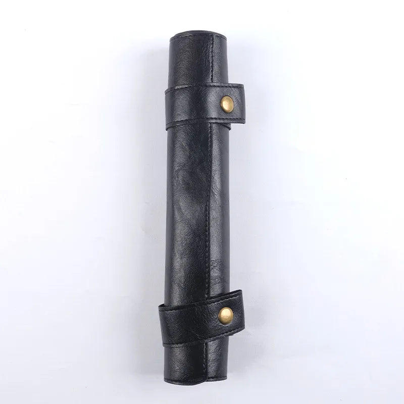 Black PU leather storage bag for a foldable dice rolling tray with brass snaps.
